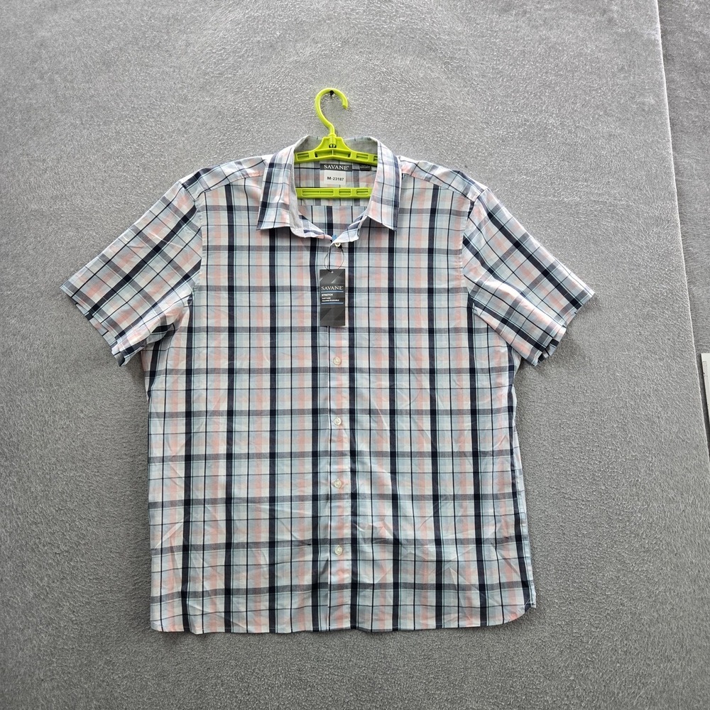Savane Men‎ Button Up Shirt L Blue Plaid Short Sleeve Stretch NWT